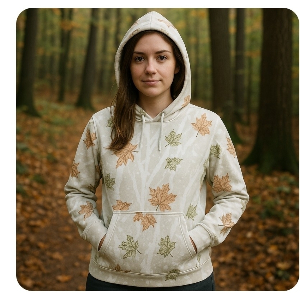 Leaf Print Hoodie Womens Size L Pullover Sweat Shirt With Kangaroo Pockets